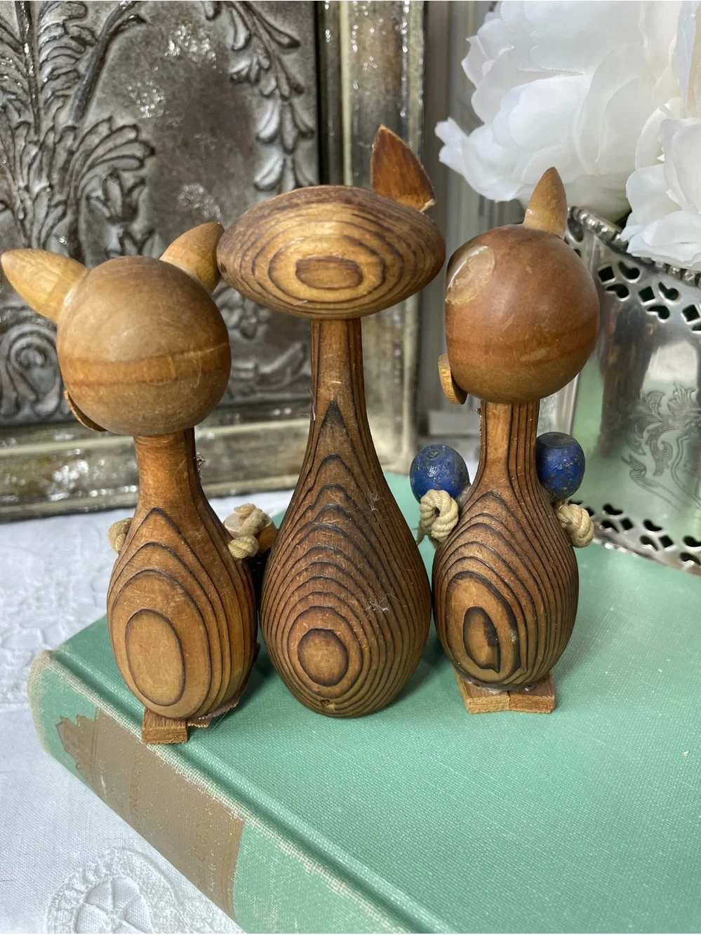 Handcrafted Wood Cat Figurines - Brown MCM Japan